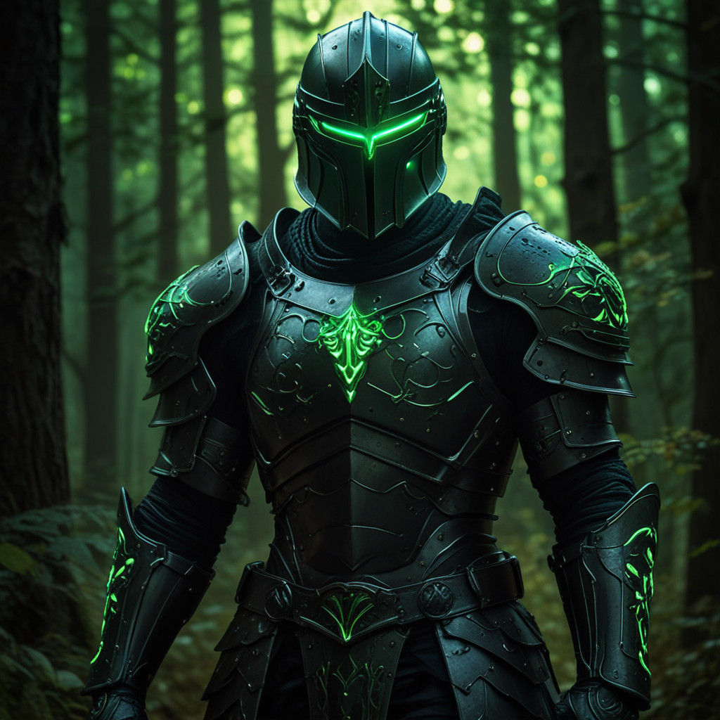 Heroic Knight in Black Armor with Glowing Green Gilding