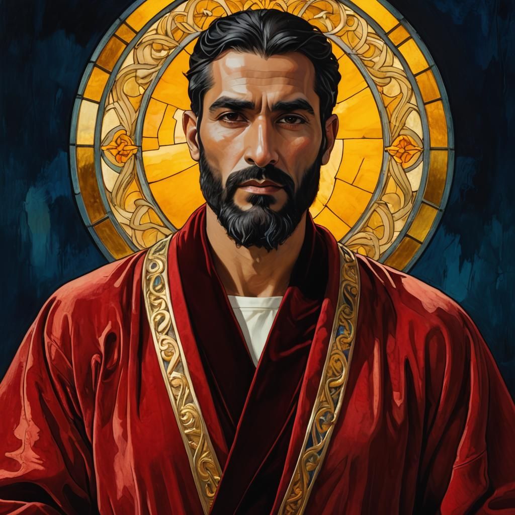 Art Nouveau Stained Glass Portrait of Man in Red Robe