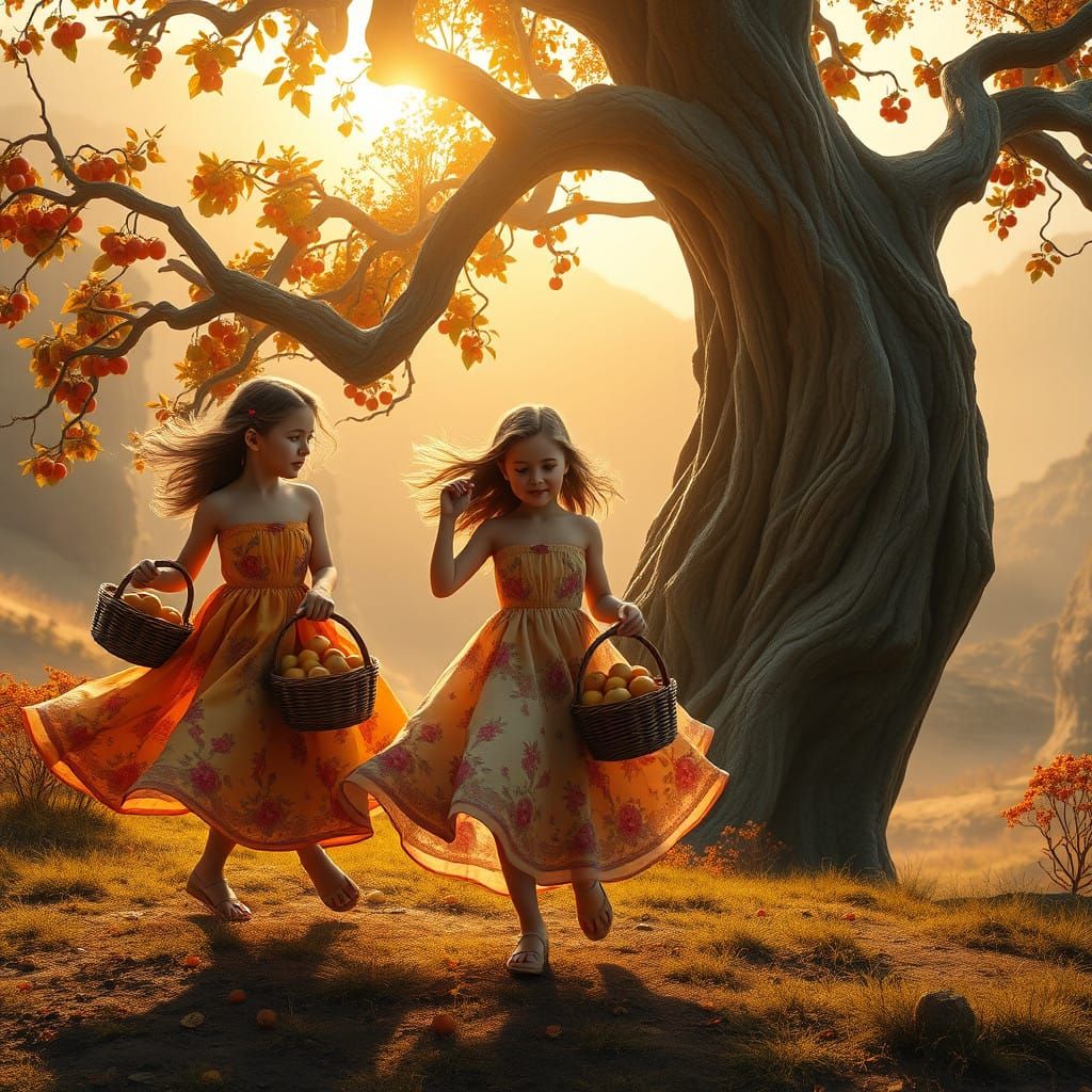 Girls Dancing Amidst Autumnal Fruits in Whimsical Landscape
