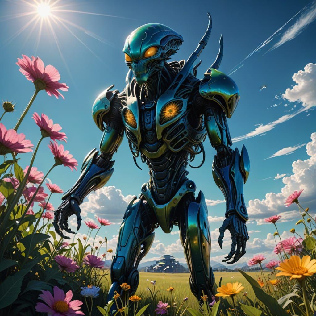 Ethereal Alien Goddess Amidst Vibrant Floral Bloom