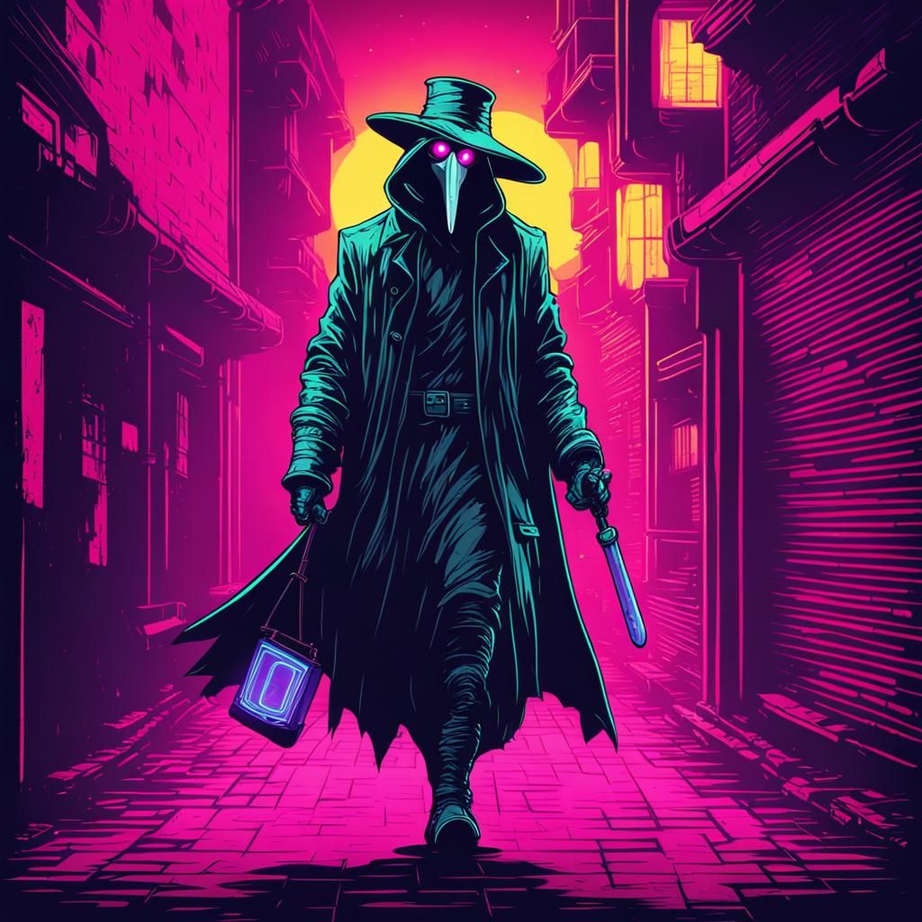 Futuristic Plague Doctor in Neon Retro Alley