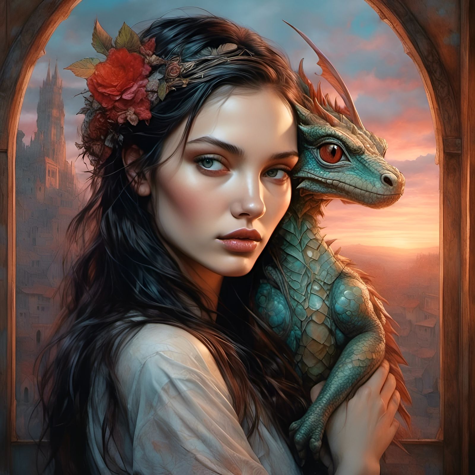 Woman and Dragon Hatchling in Dreamlike Fantasy