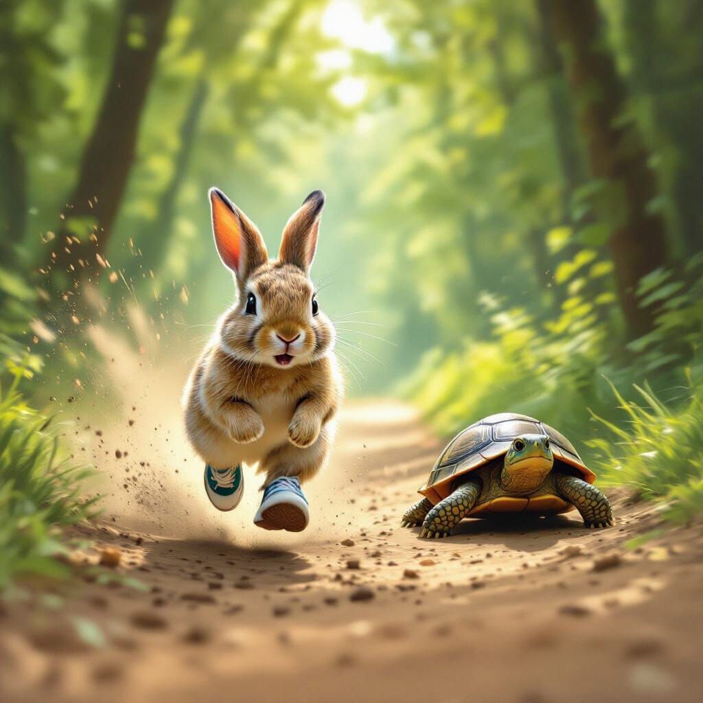 Rabbit Races Turtle on Forest Path in Storybook Style
