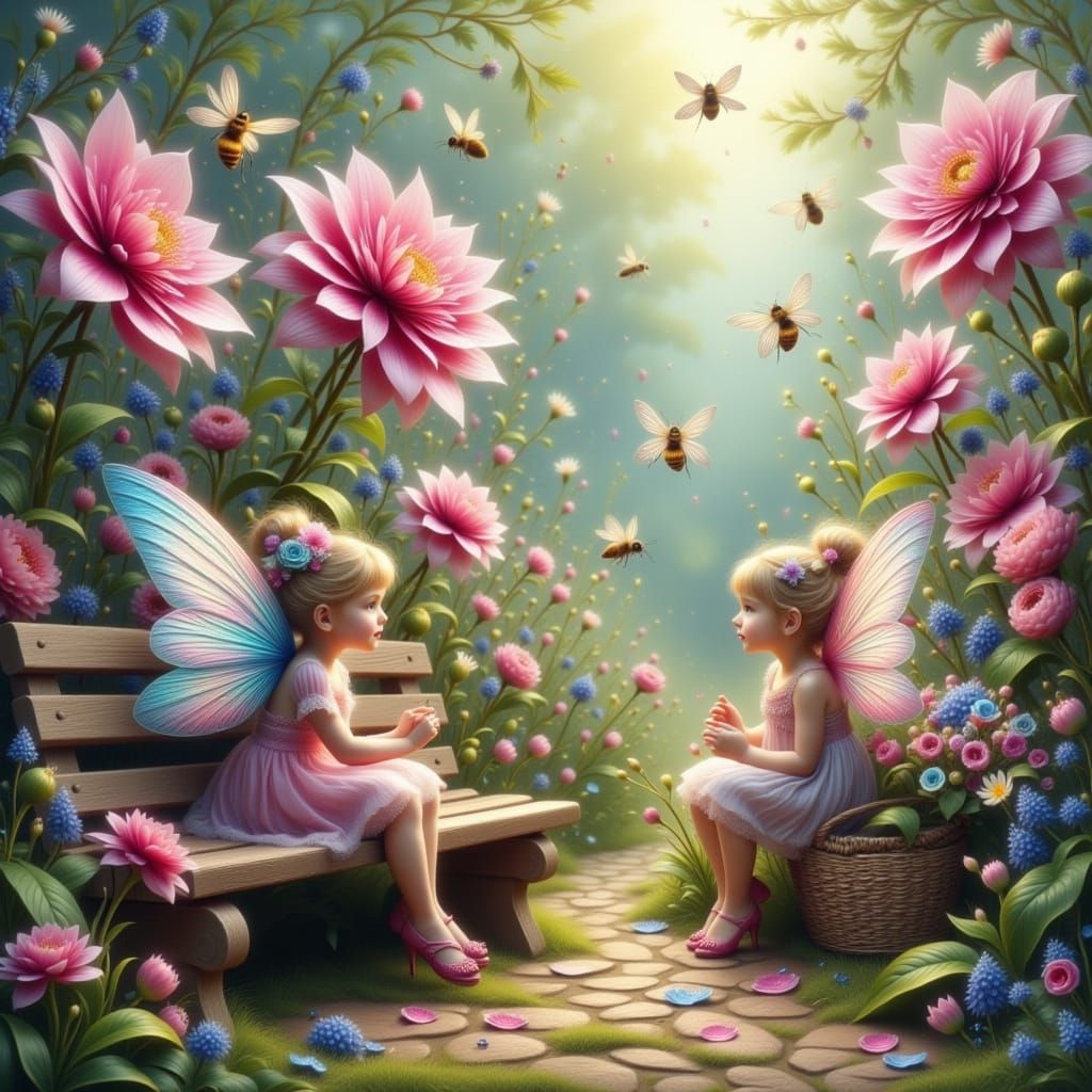 Enchanted Garden with Iridescent Fairies and Giant Flowers