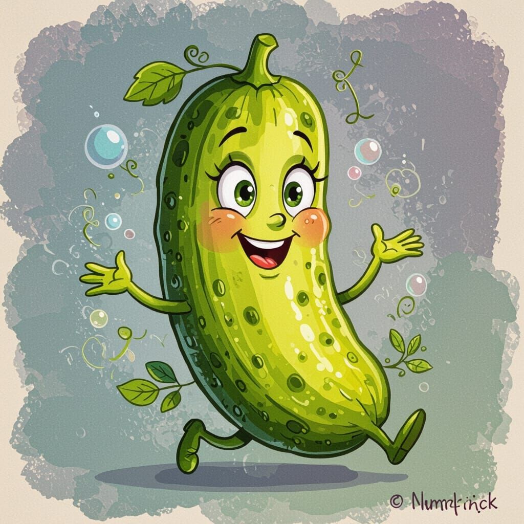 Whimsical Cartoon Pickle Character in Painterly Style