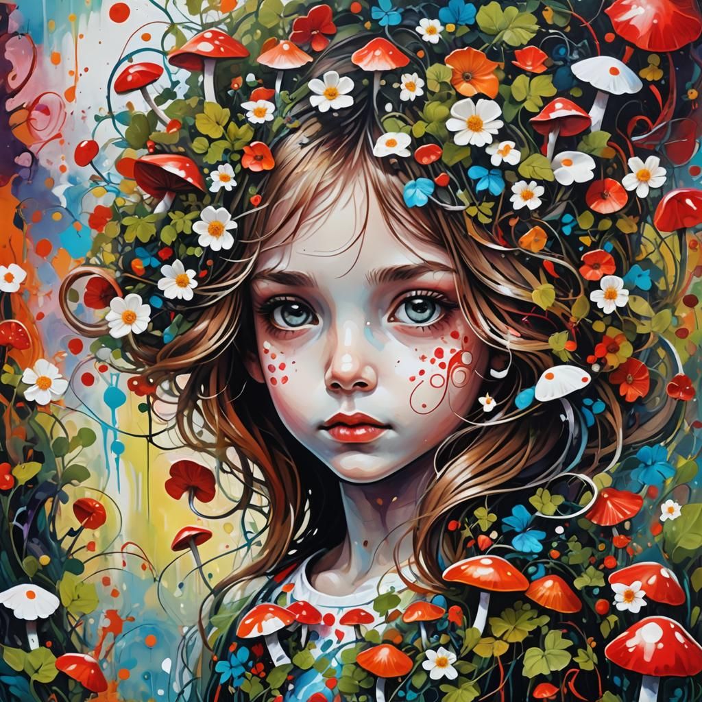 Mushroom Girl Graffiti Art Portrait in Polychromatic Impasto