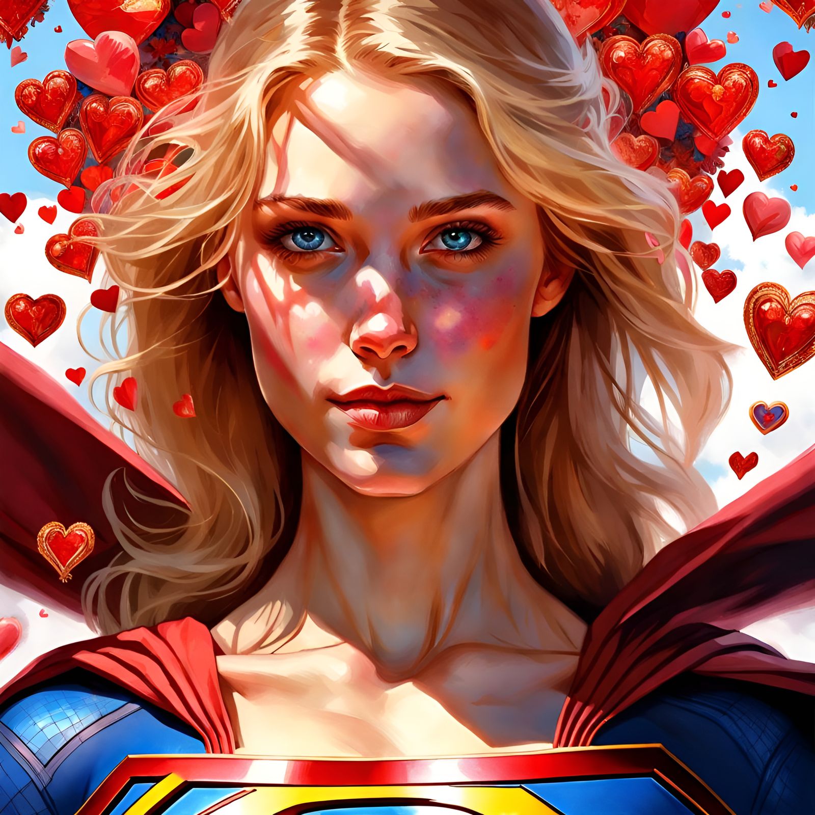 Detailed Portrait of Supergirl Surrounded by Hearts