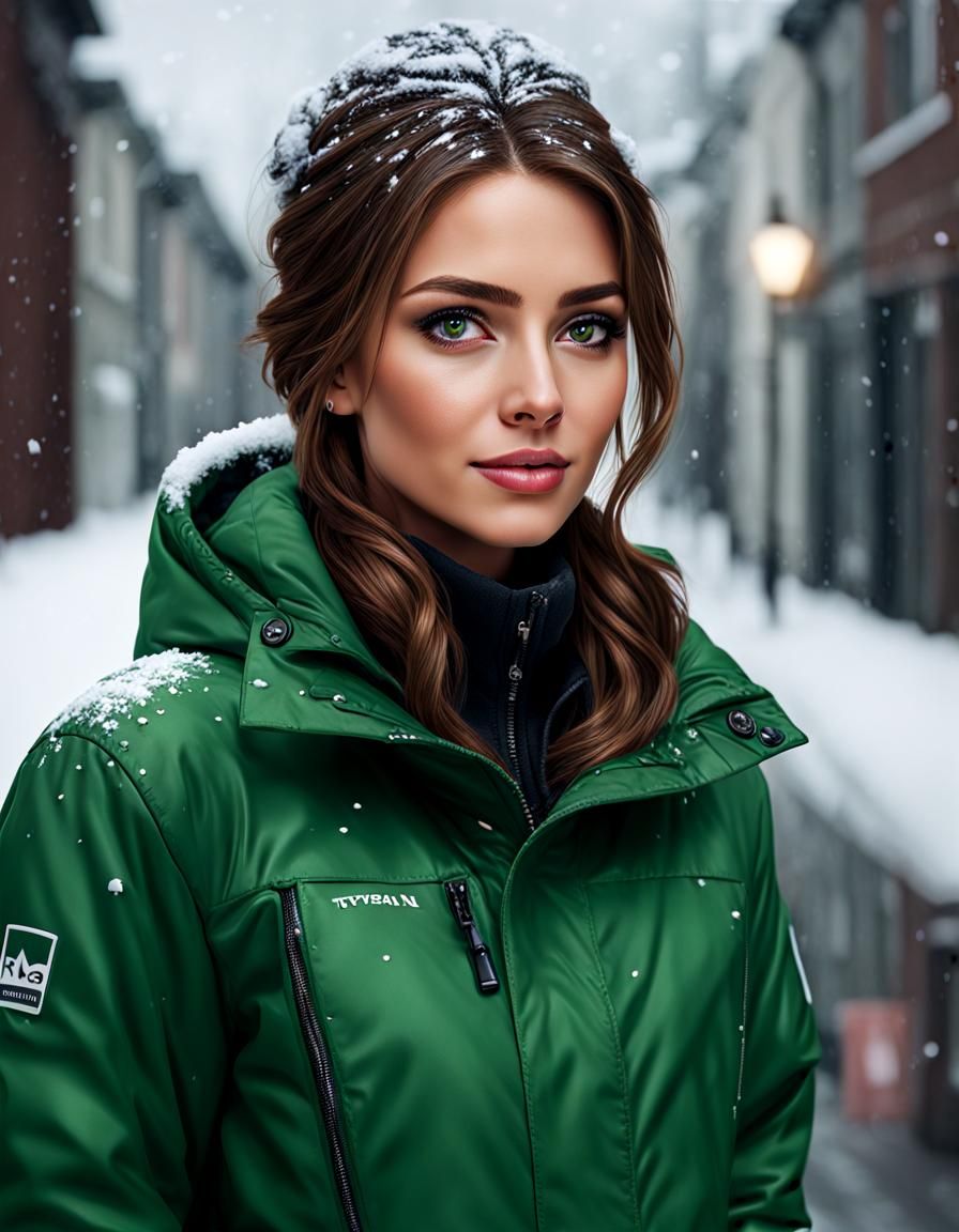 Happy Woman in Green Jacket in Snow