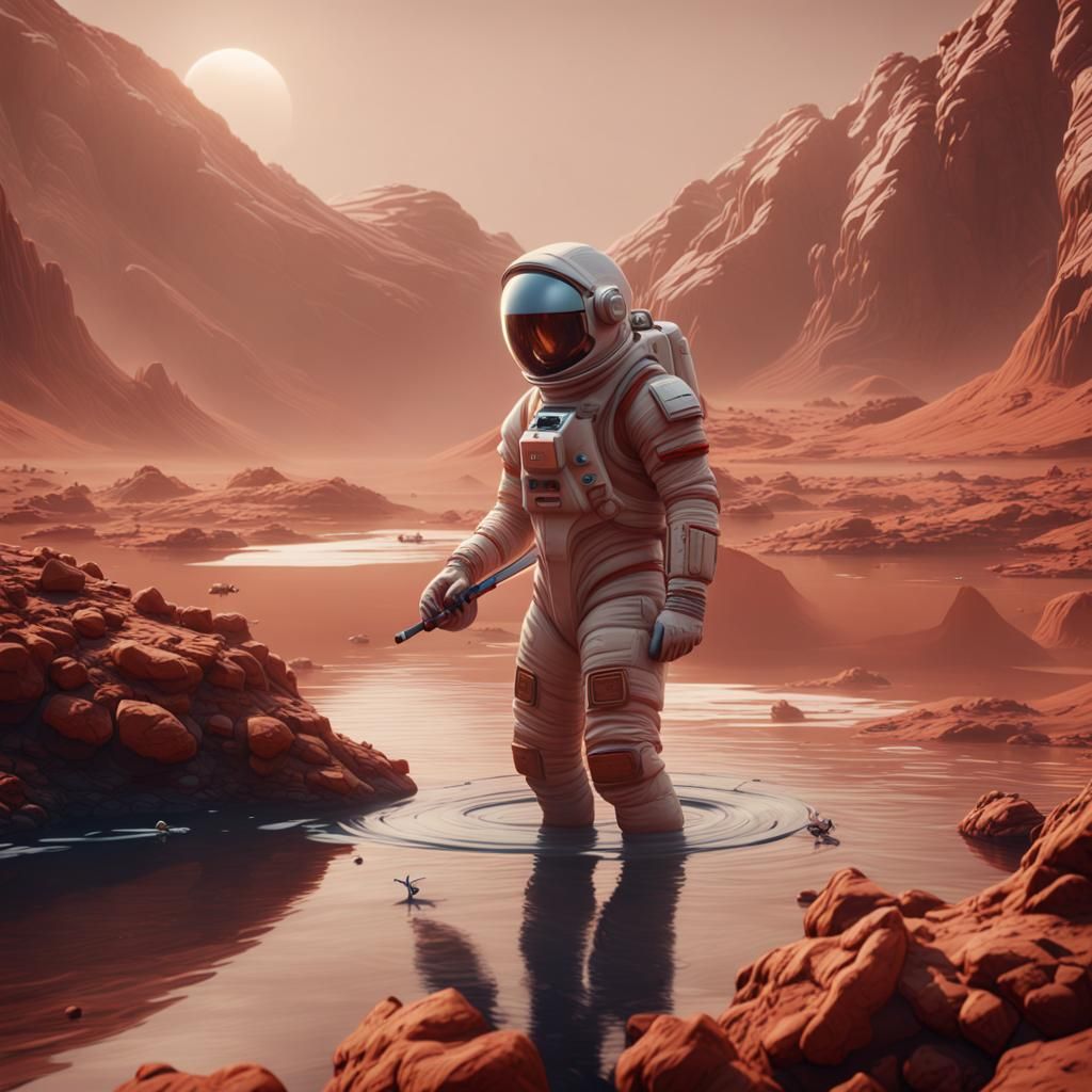 Astronaut Fishing on Mars: Detailed Matte Painting