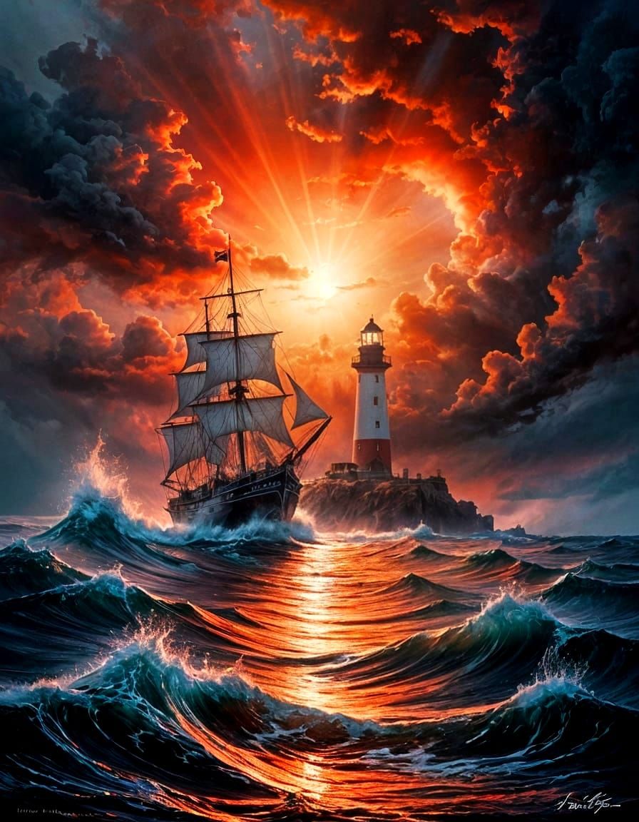 Clipper Ship Navigates Stormy Seas at Sunset