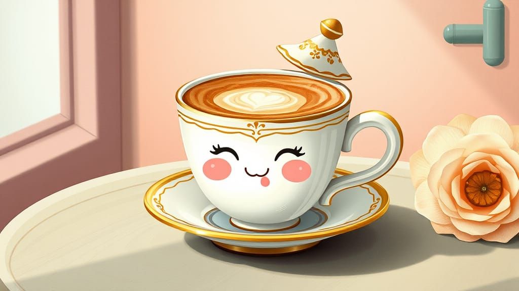 Whimsical Coffee Cup with Golden Trim