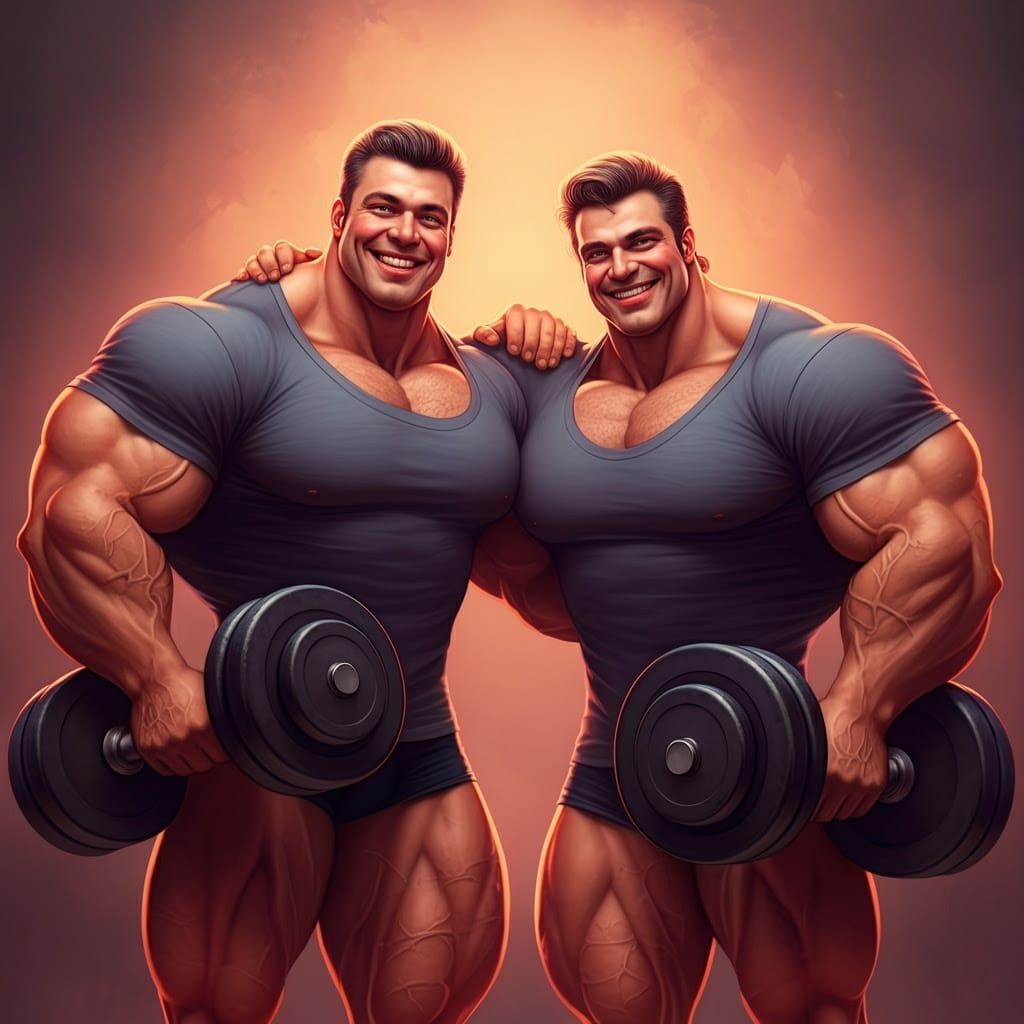 Muscular Men Hold Absurdly Large Dumbbells in a Playful, Exa...