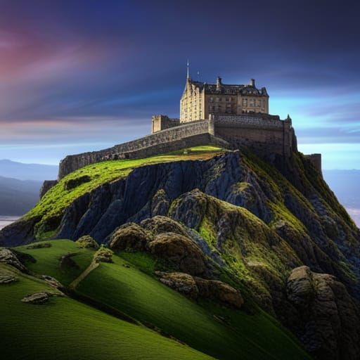 a breathtaking view of Edinburgh Castle, Scotland, perched atop a rocky hill, surrounded by lush landscapes