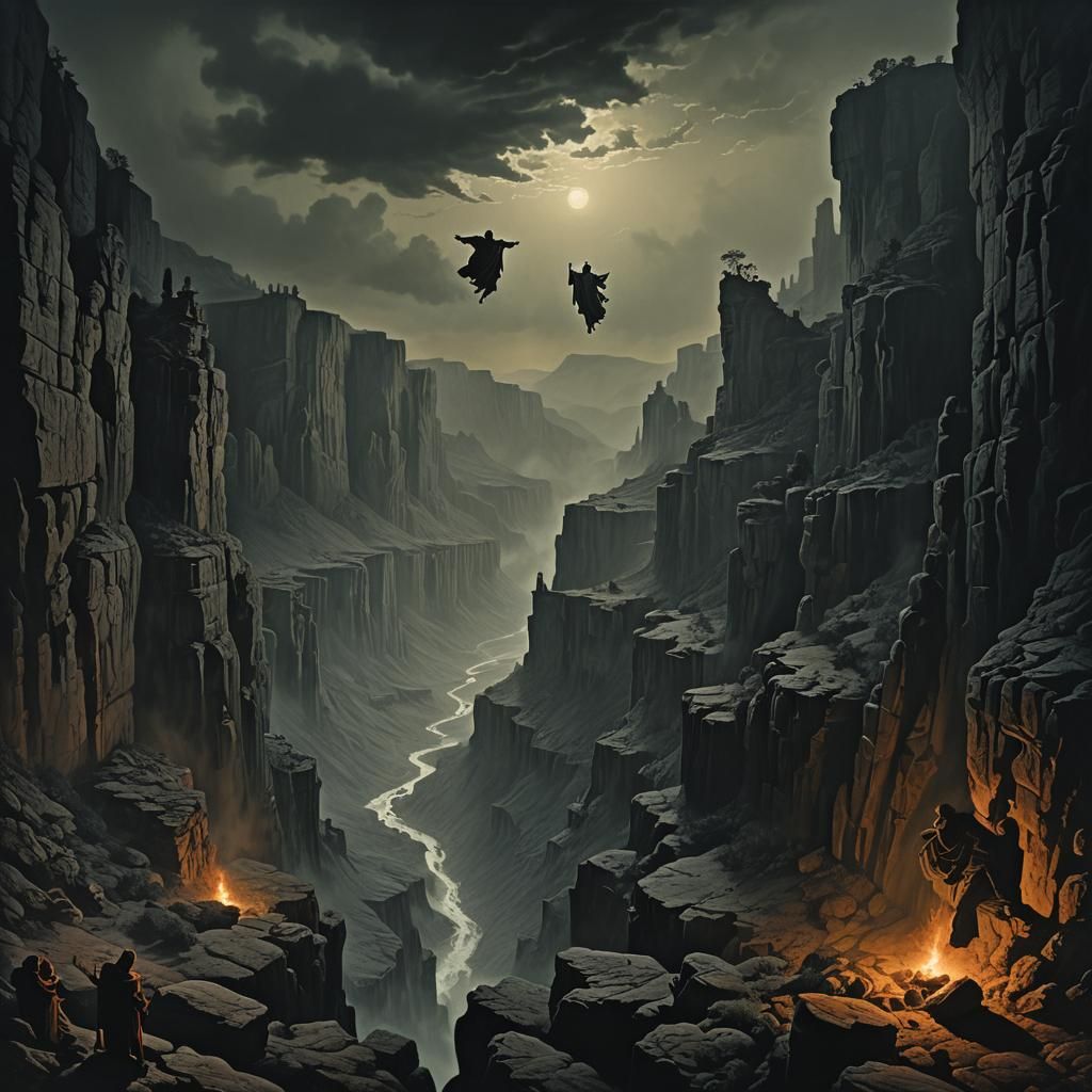 Surreal Horror: Levitation Over a Dark Canyon