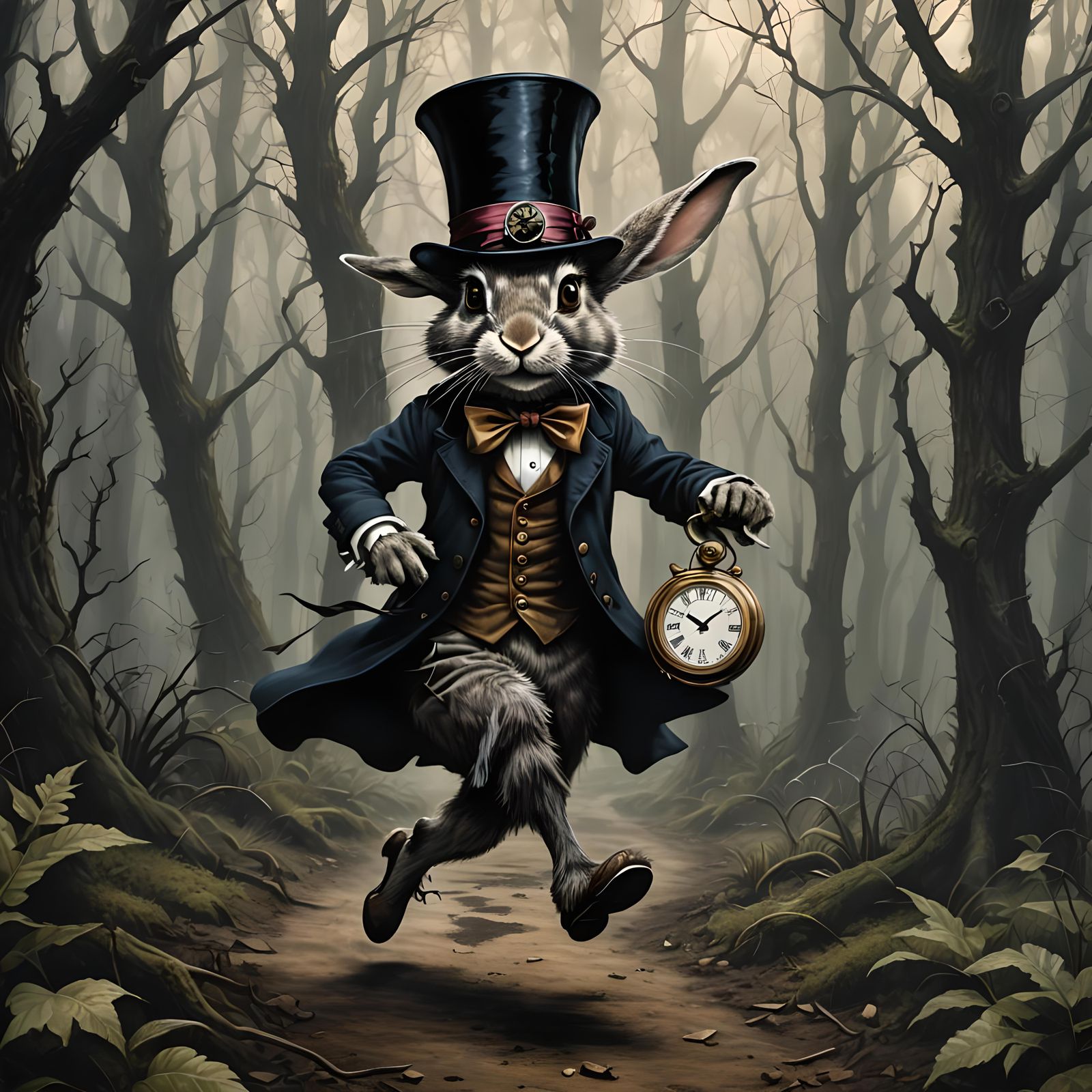 Rabbit in Top Hat Navigates Dark Wonderland Forest