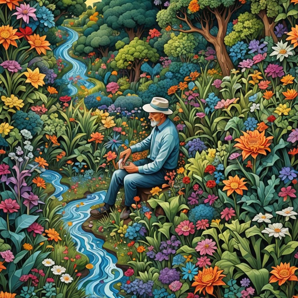 Vibrant Fractal Garden Scene in Abstract Expressionism