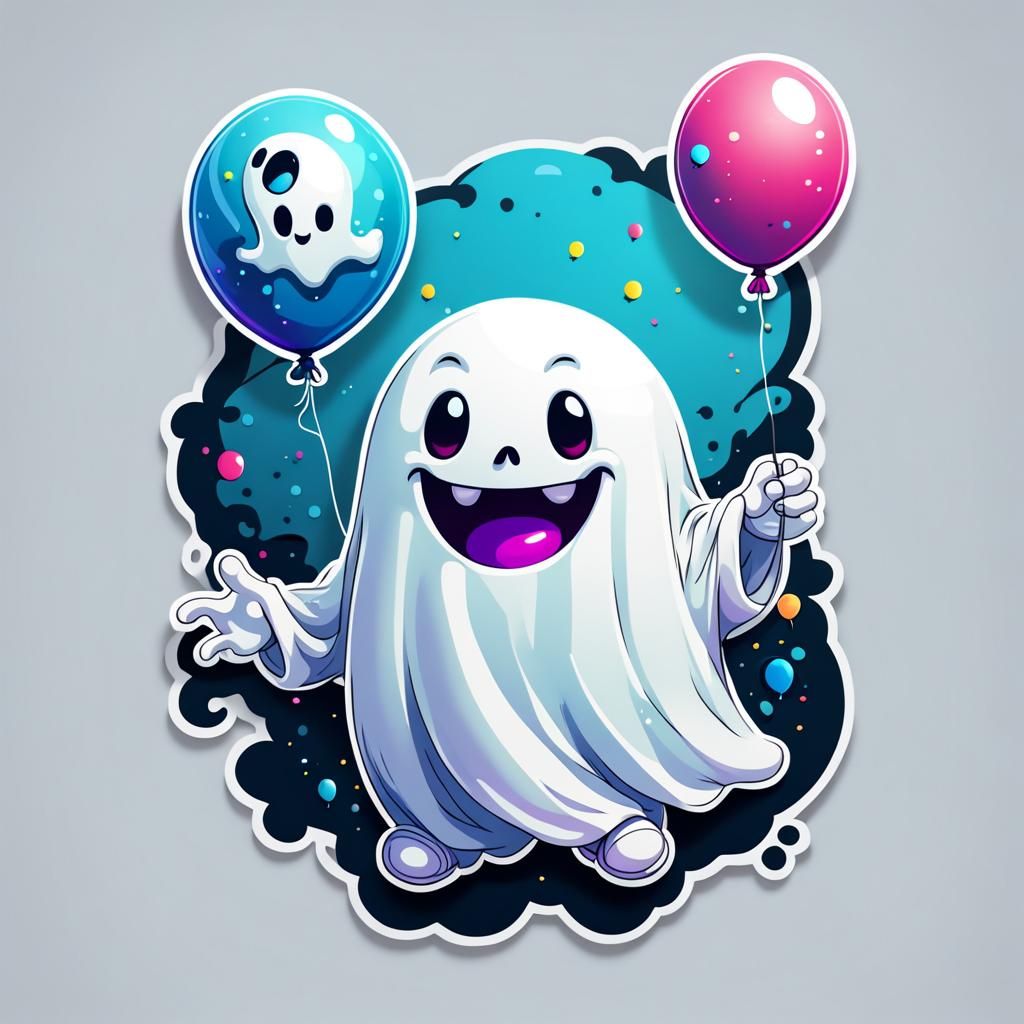 Happy Kawaii Ghost with Balloon Sticker Art