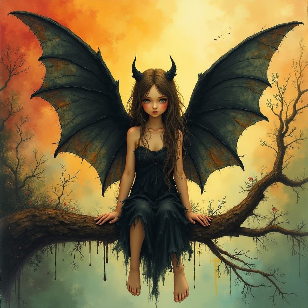 Melancholic Fairy on Branch in Mixed Media Style