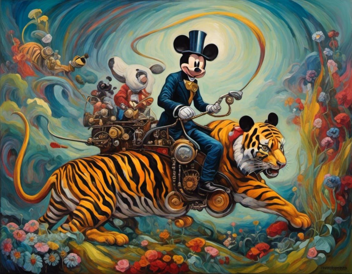 Mickey Mouse Rides a Tiger in Neo-Impressionist Style