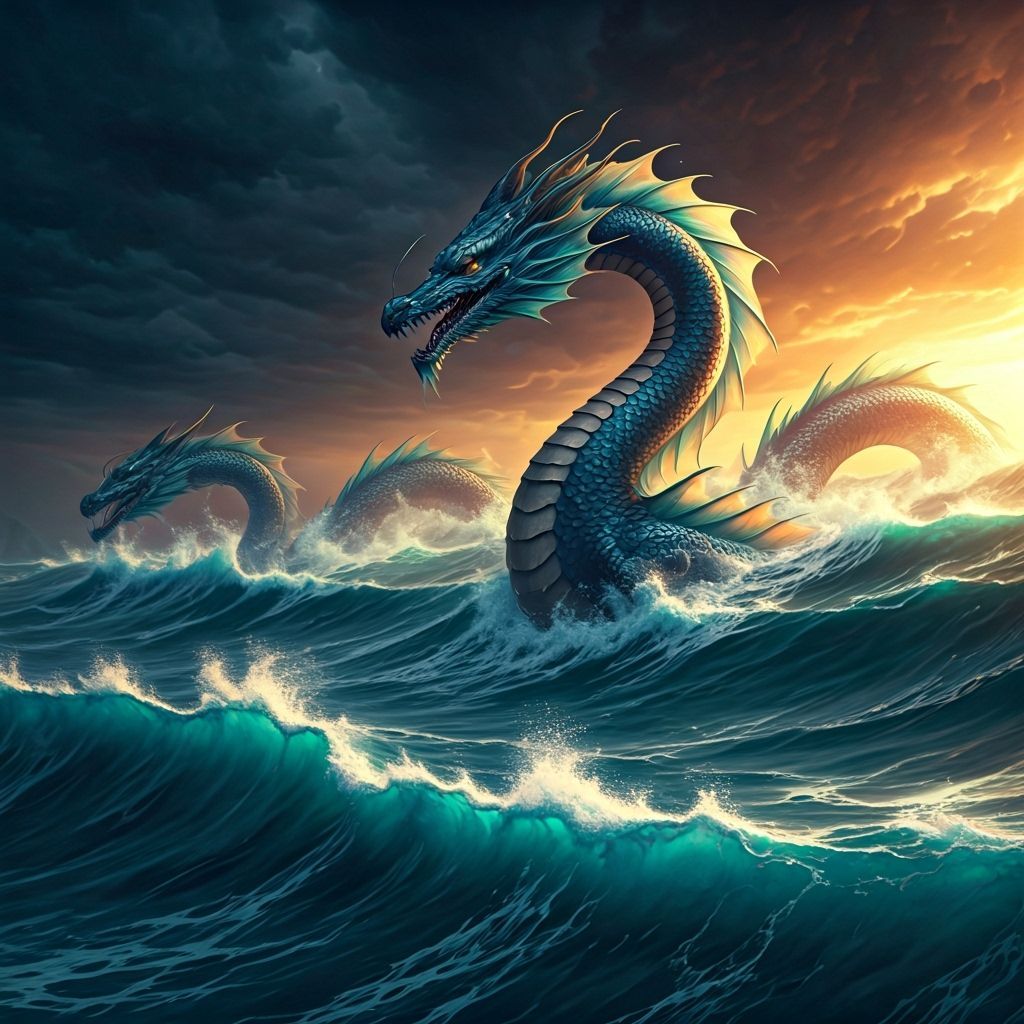 Colossal Water Dragons in Stormy Seascape Concept Art