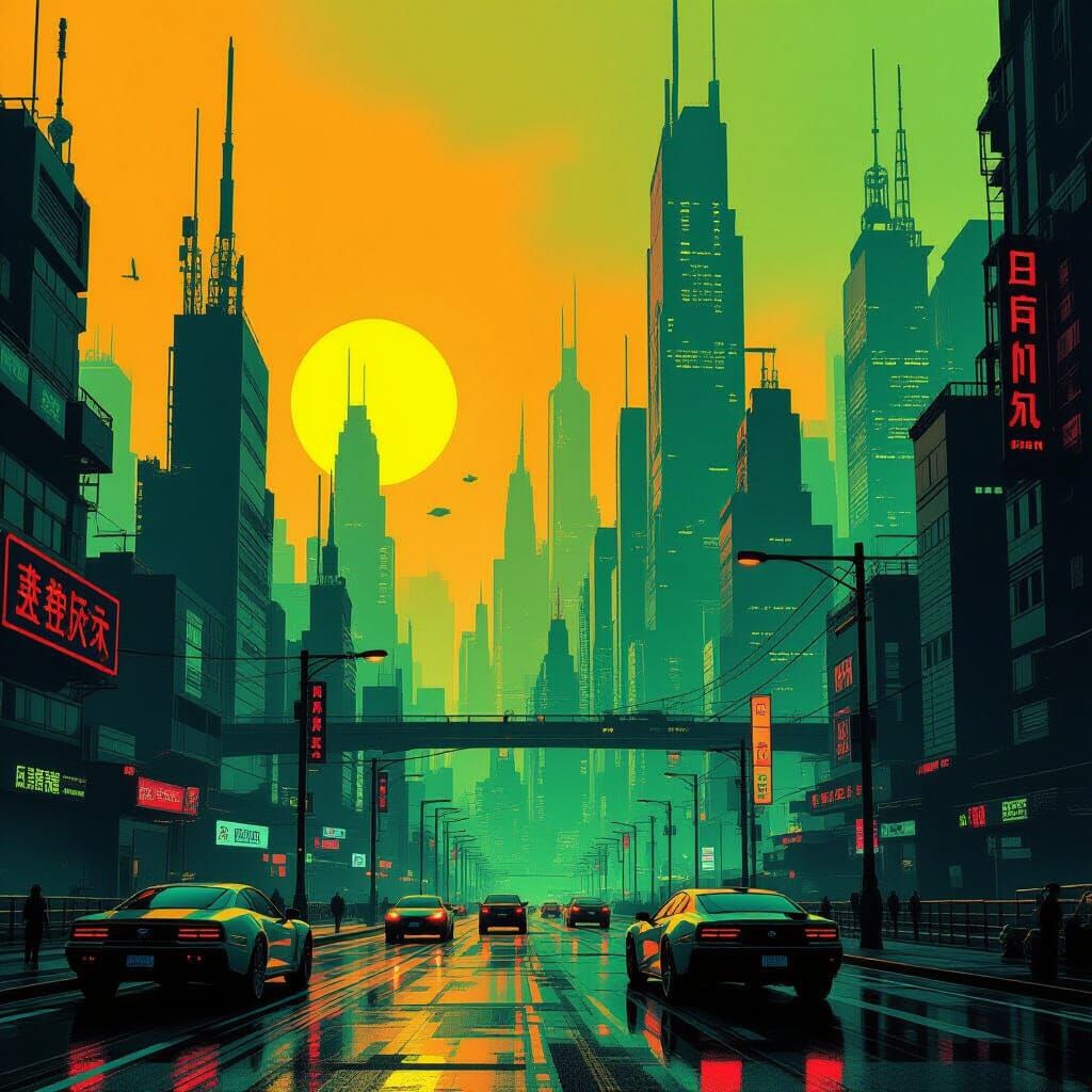 Neon Cityscape in Retro-Futuristic Cyberpunk Style