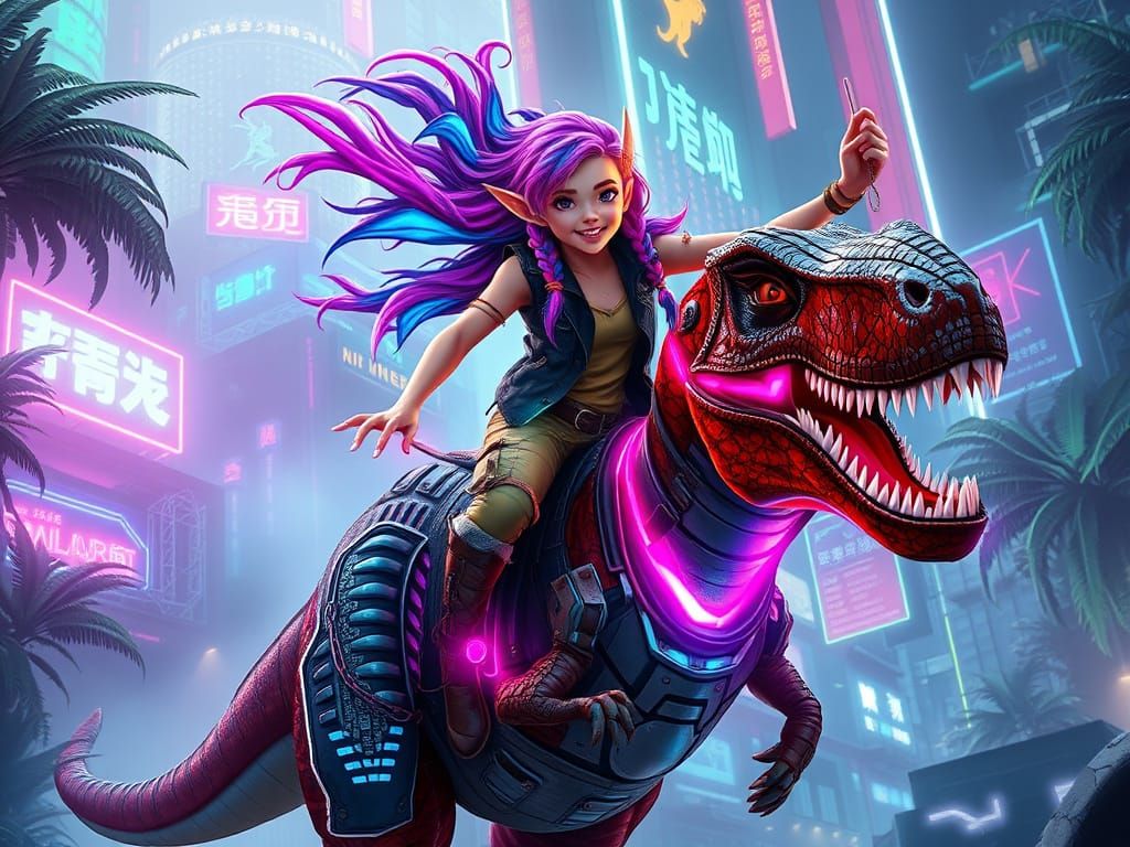 Cyberpunk Elf Rides T-Rex in Neon Cityscape