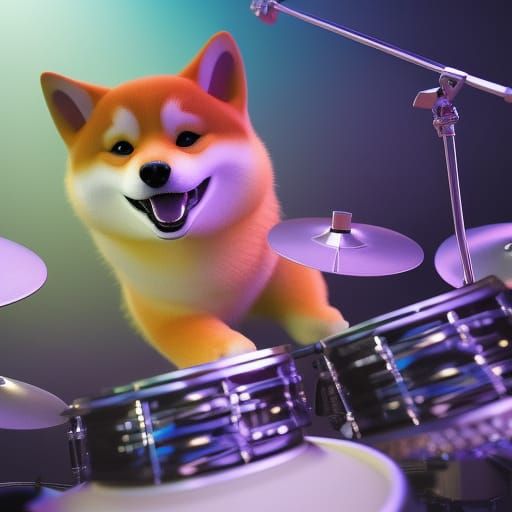 Cyborg Shiba Inu Plays Drums in Neon Studio
