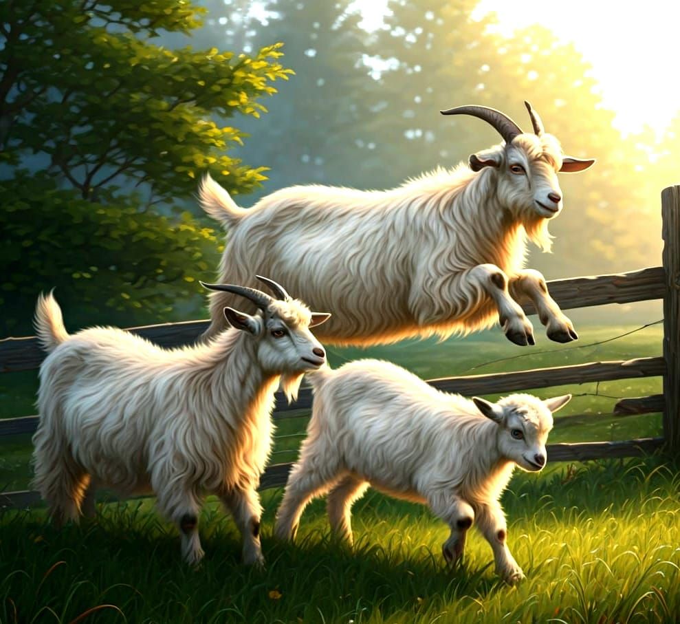 Goats in Meadow Leaping Fence: Realistic Animal Art