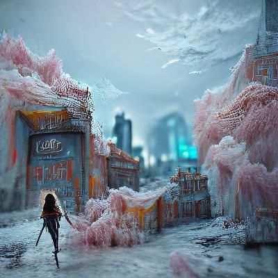 Woman Walks in Ice-Crusted Dystopian City