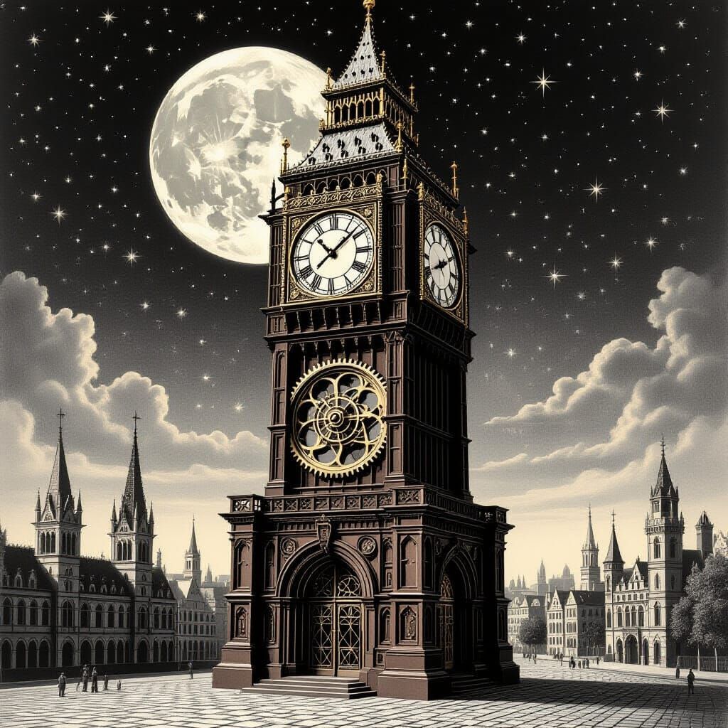 Chocolate Clock Tower: Hyperdetailed Charcoal Drawing