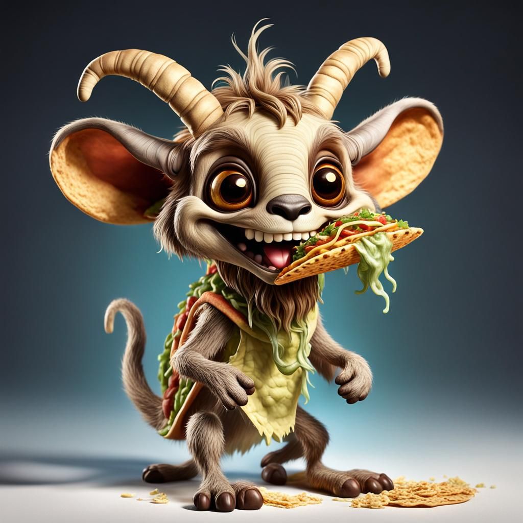 Whimsical Shaggy Creature Eating a Taco