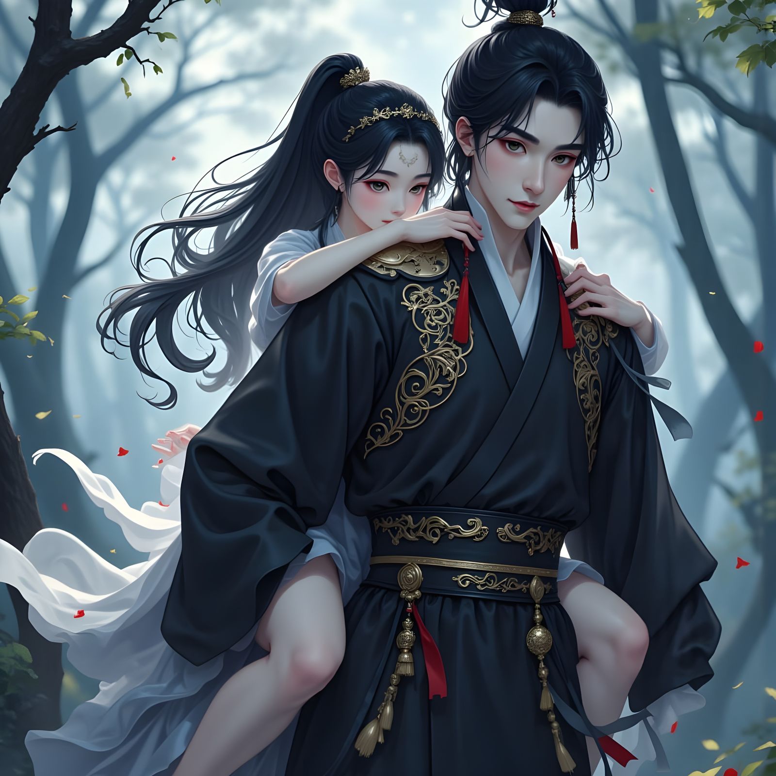 Romantic Piggyback Ride in Traditional Chinese Donghua Style
