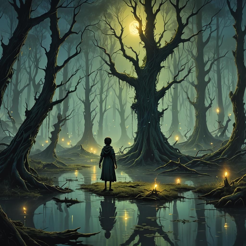 Child Follows Will-o'-the-Wisp in Dark Swamp
