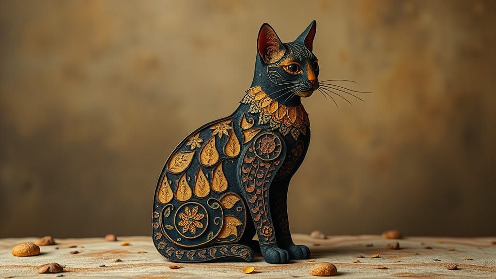 Whimsical Folk Art Cat in Mixed Media