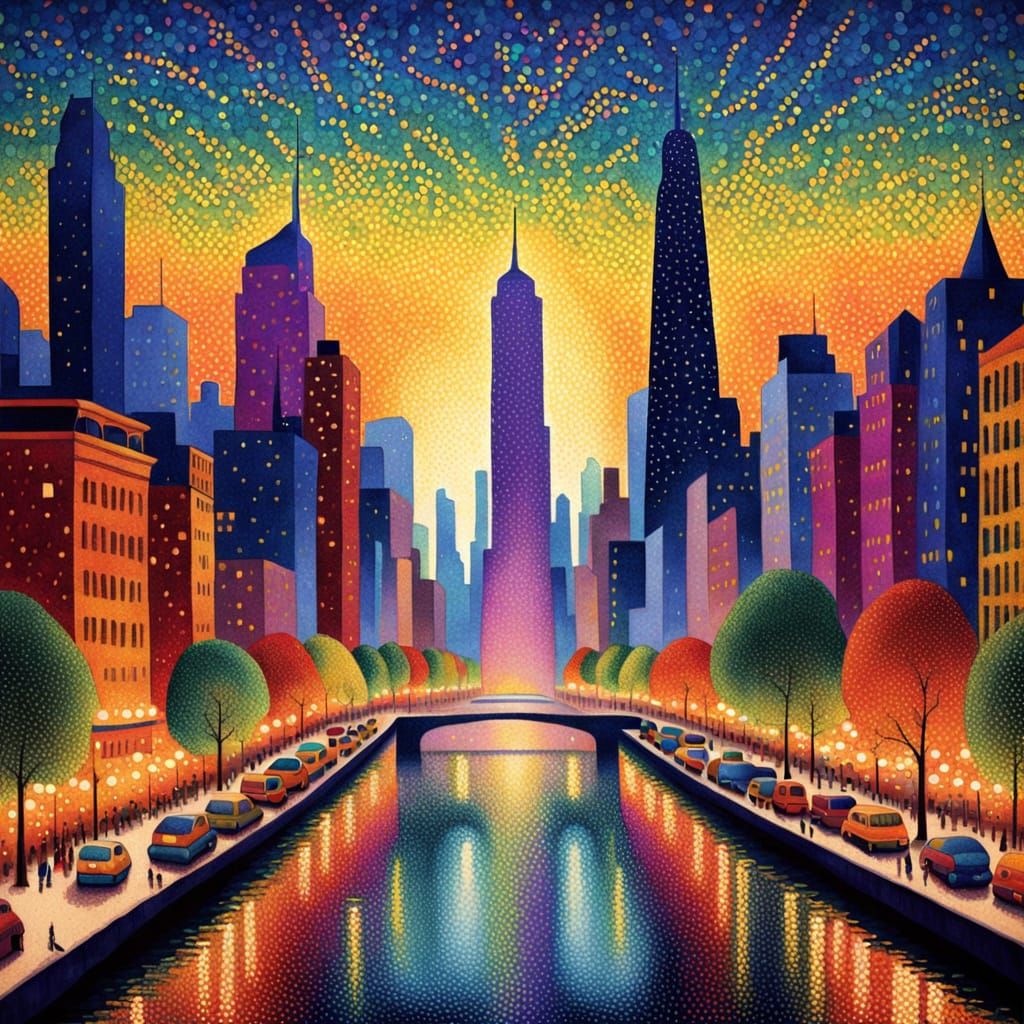 Vibrant Pointillist Cityscape in Electric Colors