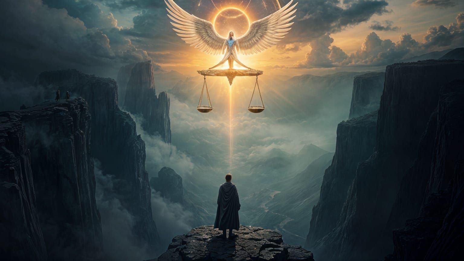 Figure Contemplates Divine Judgment Amidst Ancient Symbols a...