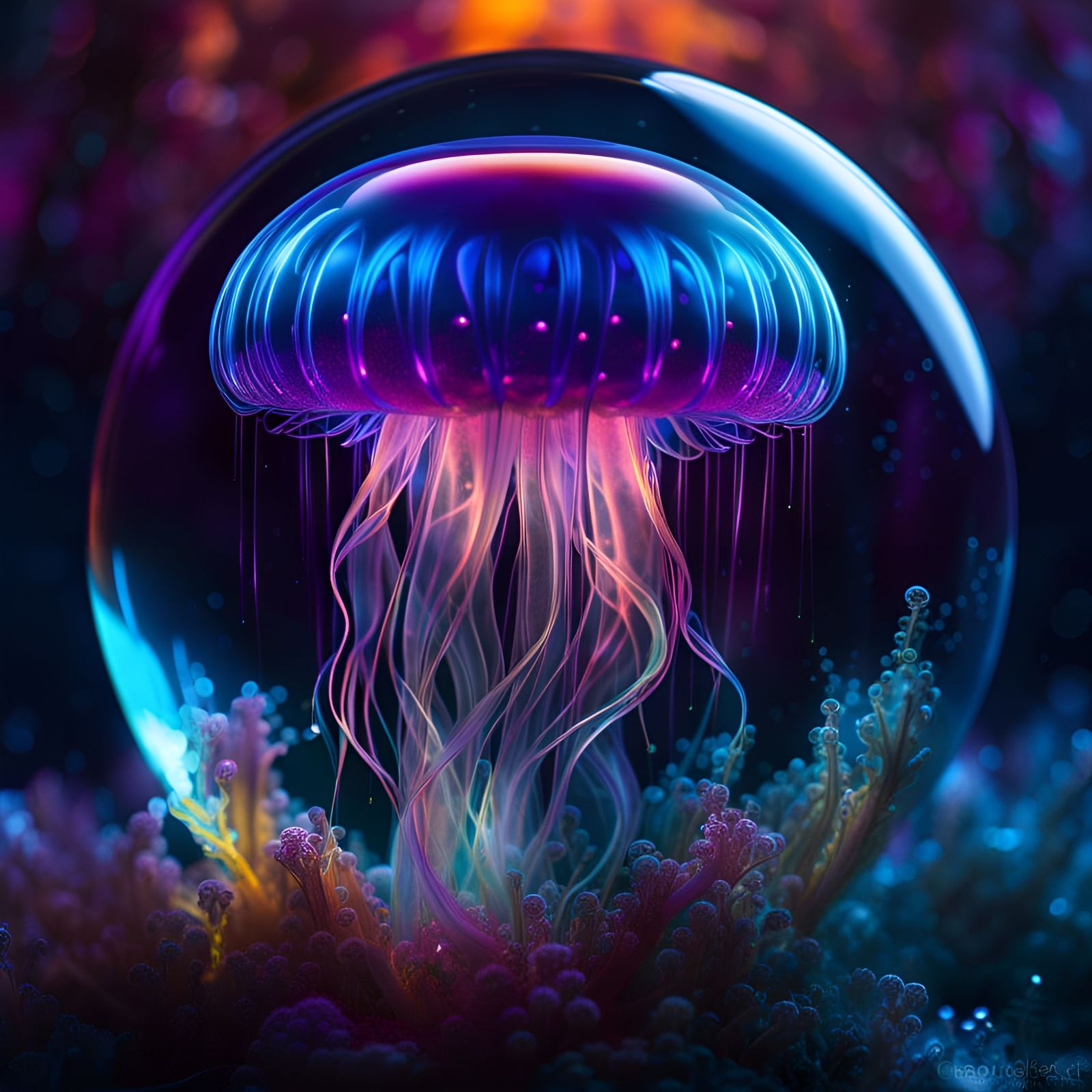 Bioluminescent Jellyfish in Glass Sphere, Dreamy Art
