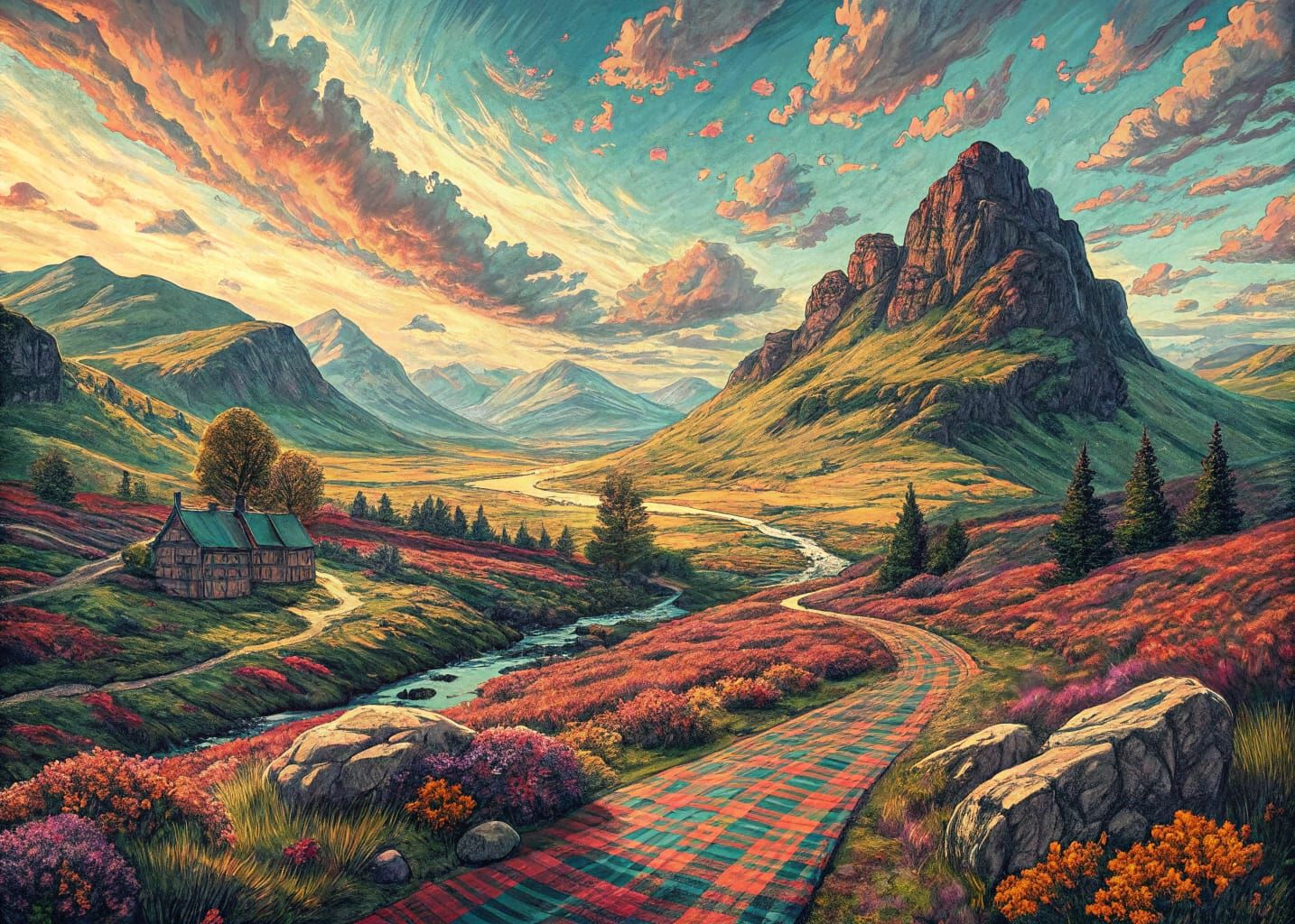Gingham Scottish Landscape in Van Gogh Style