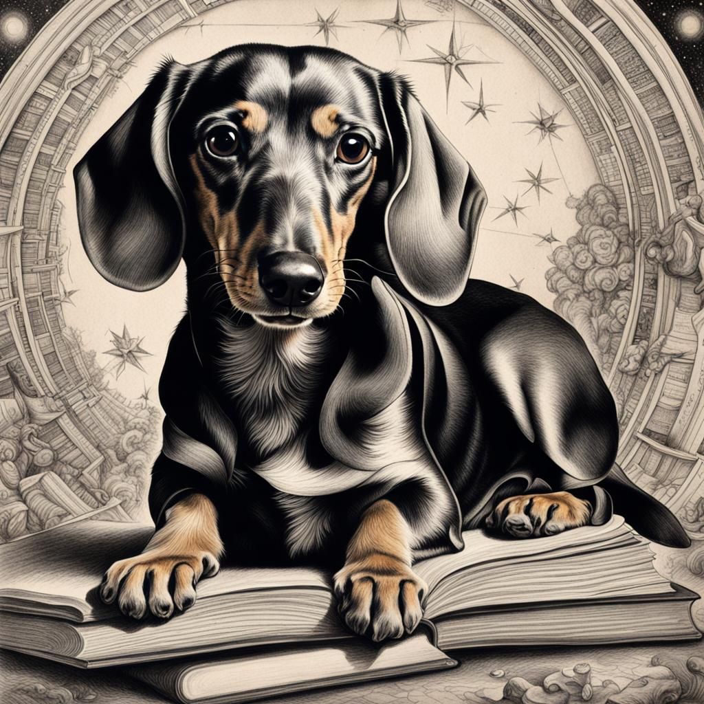 Copernicus Dachshund in Vintage Charcoal Drawing
