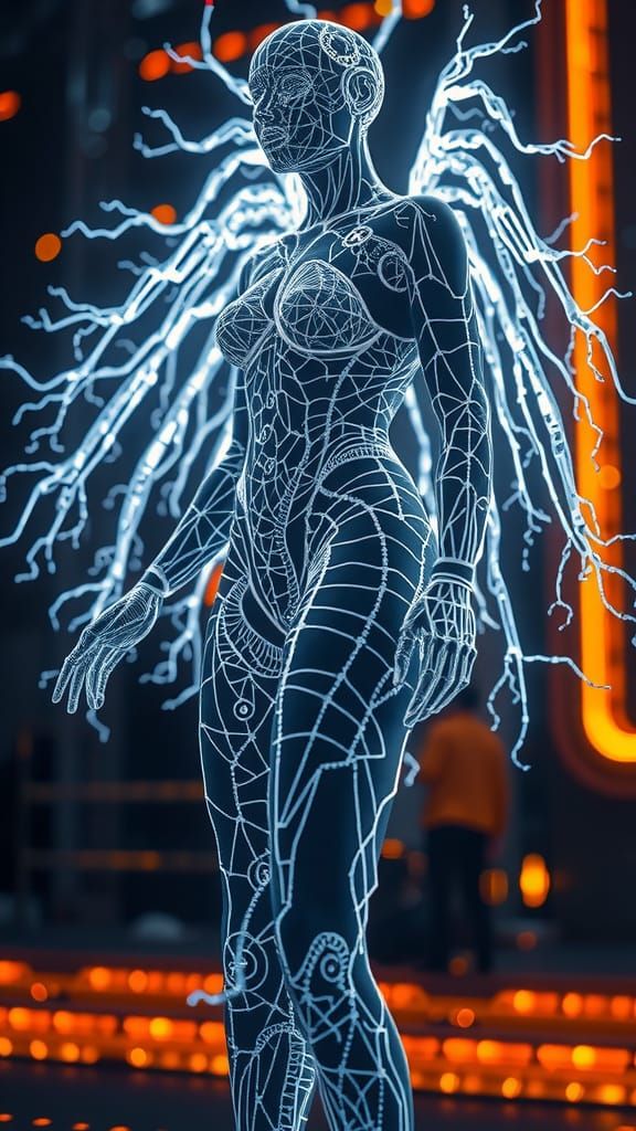 Futuristic Female Humanoid with Neon Silver Neural Patterns