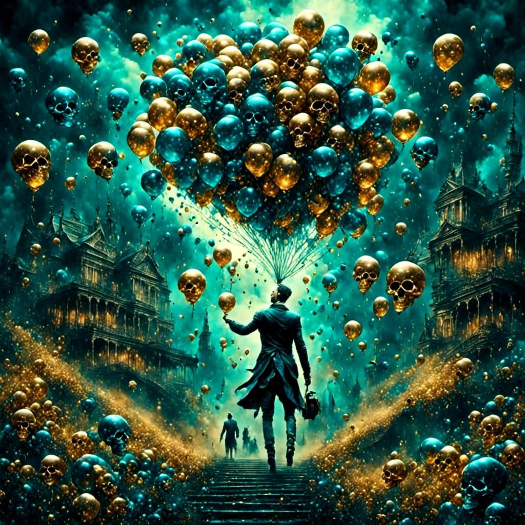 Man Steps Out of Painting with Skull Balloons