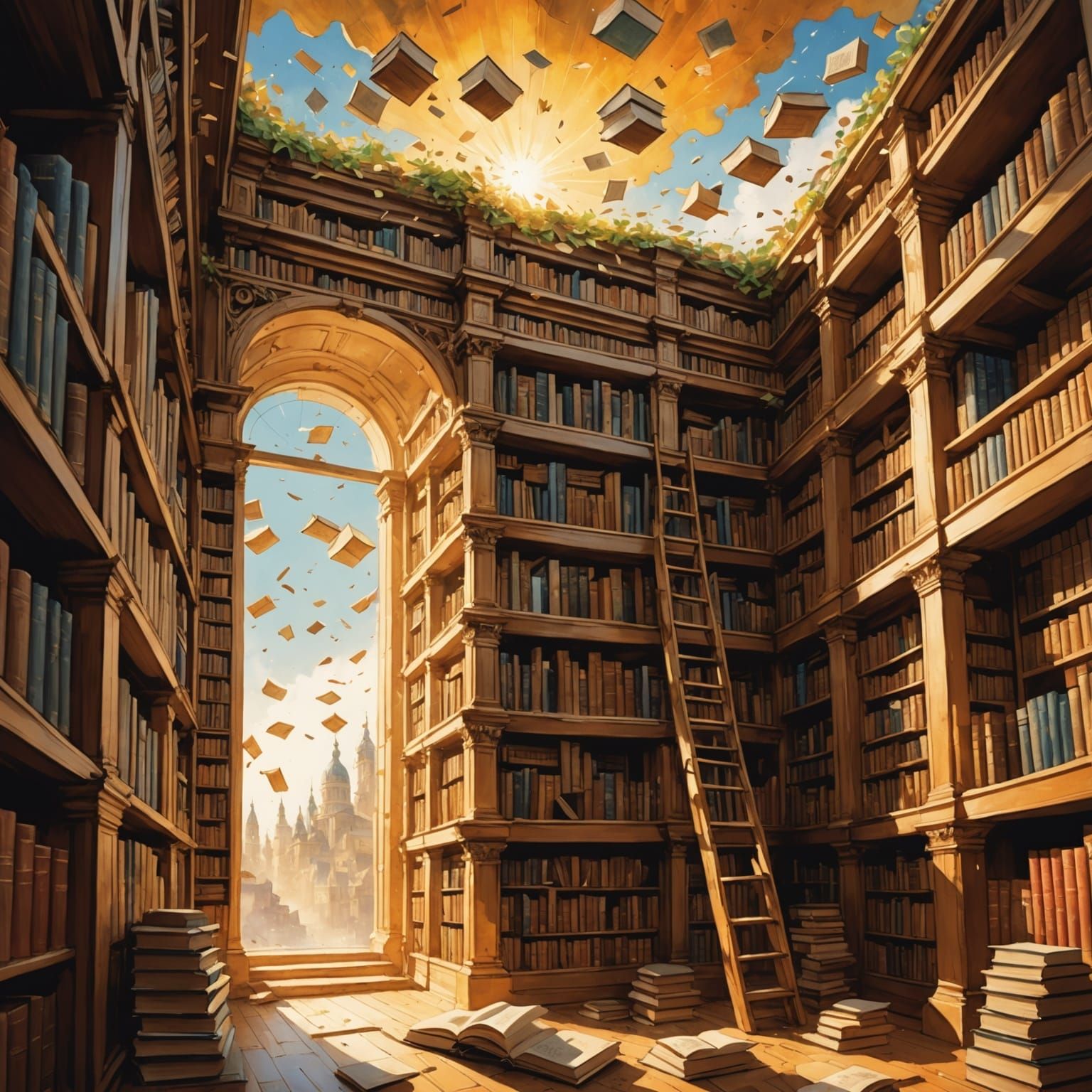Surreal Floating Book Library in Watercolor Style