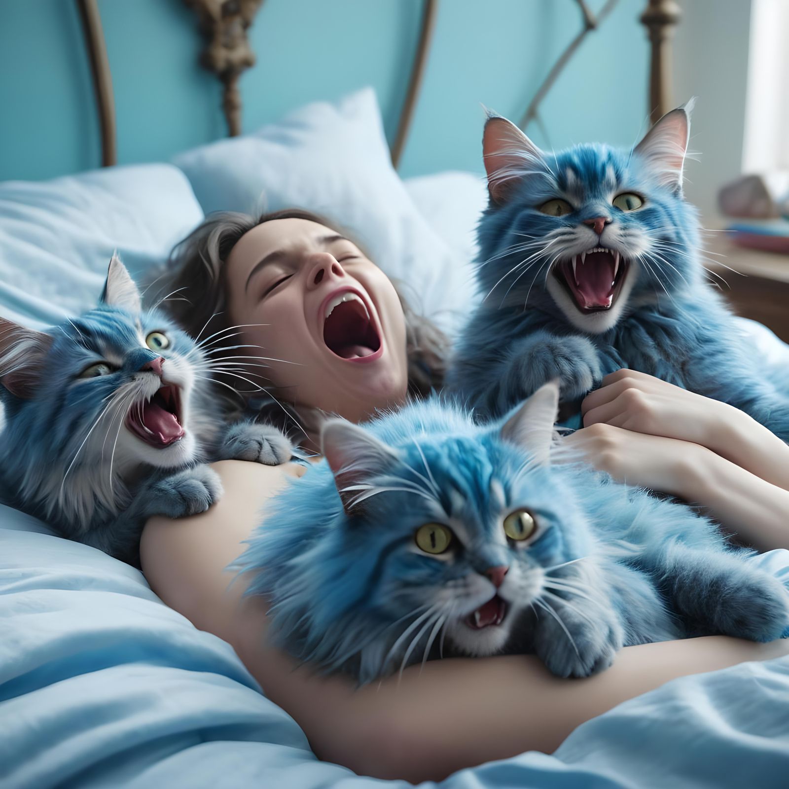 Playful Blue Cats in Bed, High Resolution