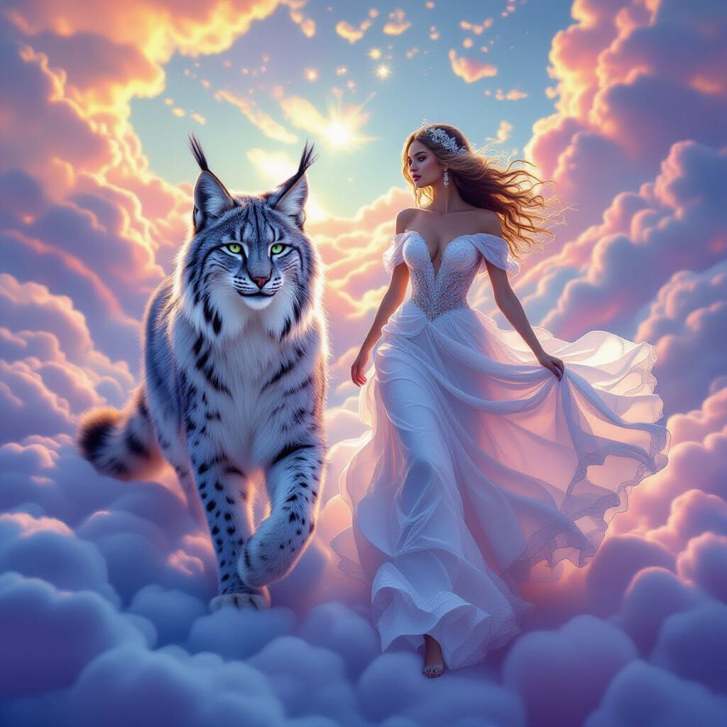 Celestial Lynx and Woman on Swirling Clouds