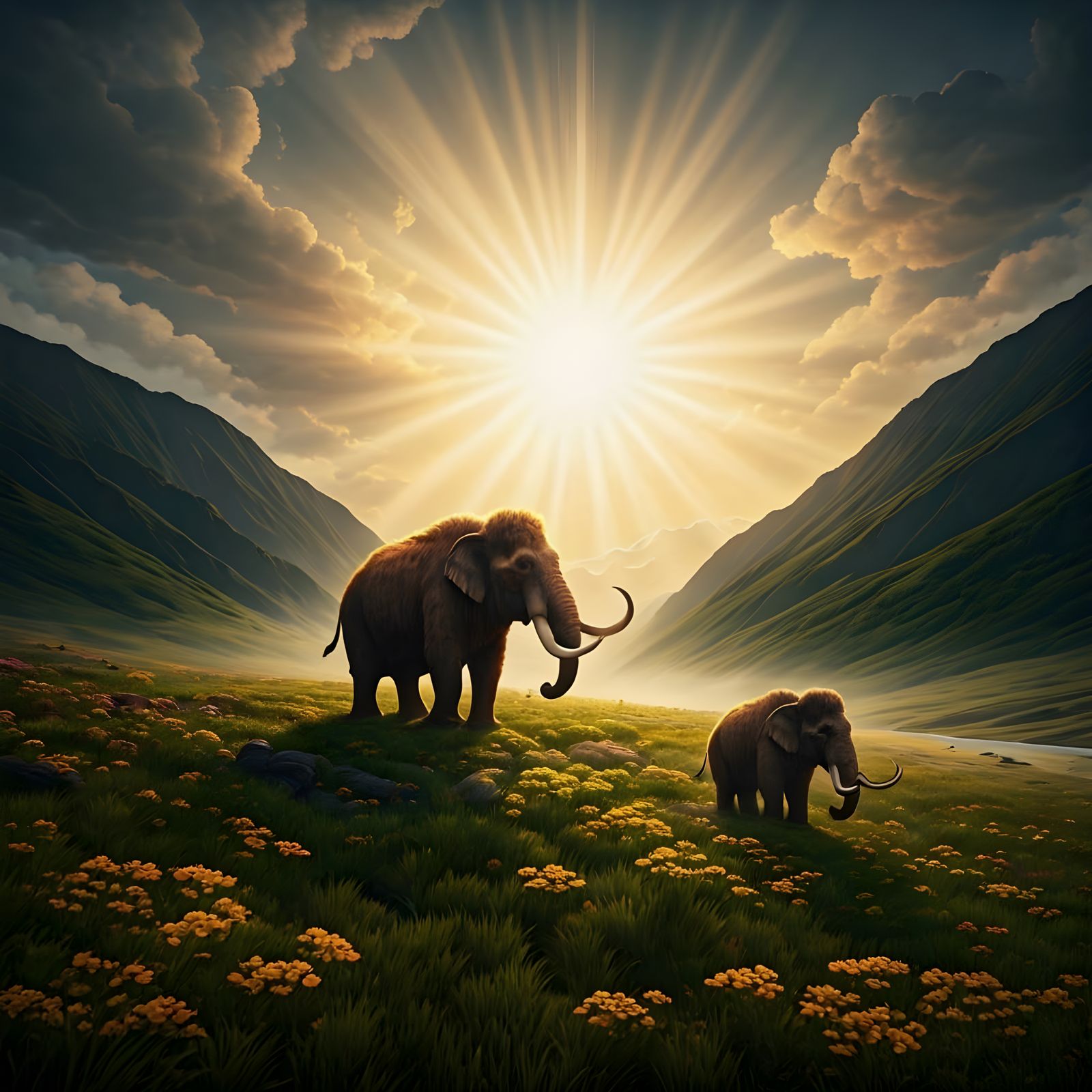 Mammoths in Misty Mountains with Sunshine