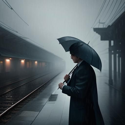 Rainy Railway Platform in Film Noir Style