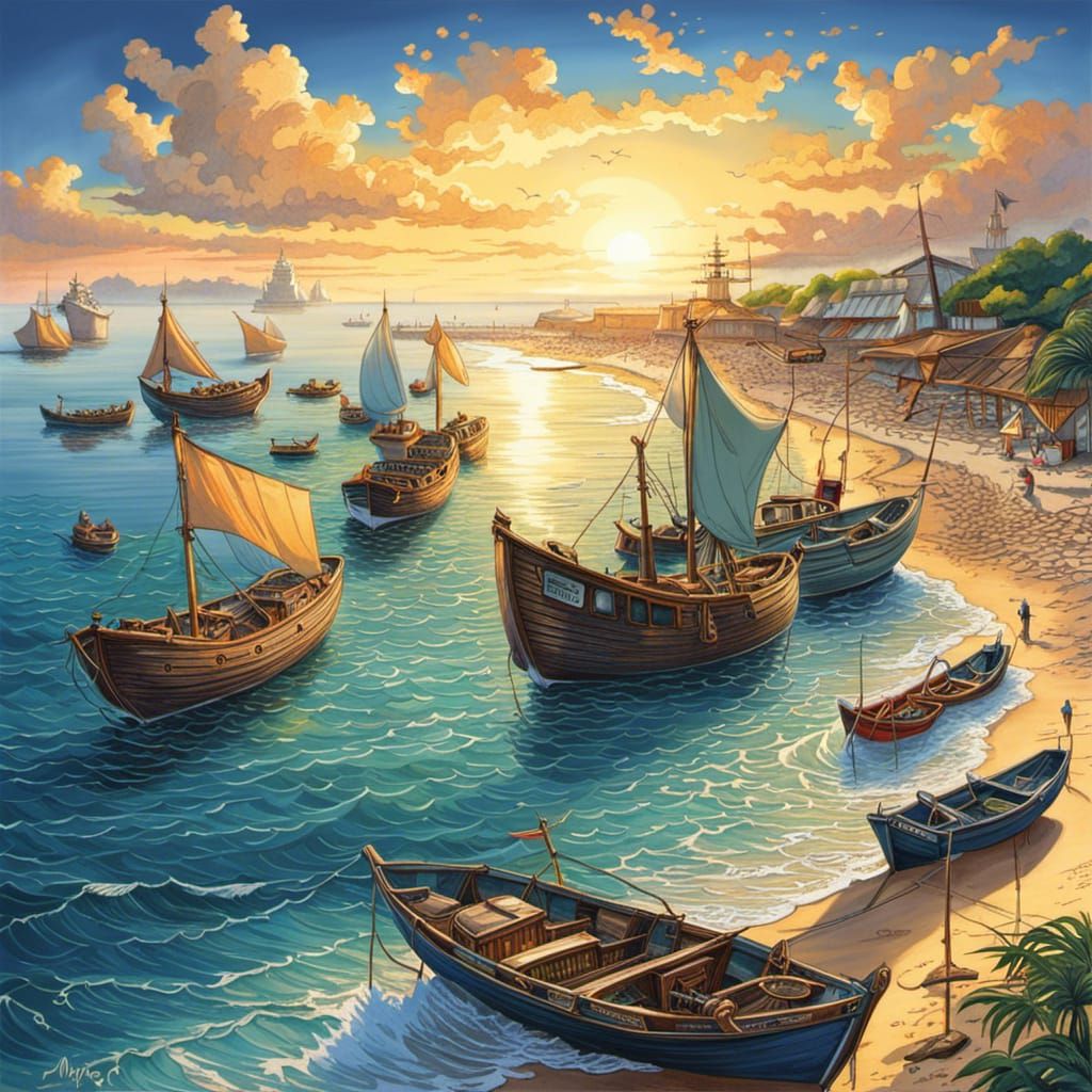 Anime Beach Scene with Fishing Boats