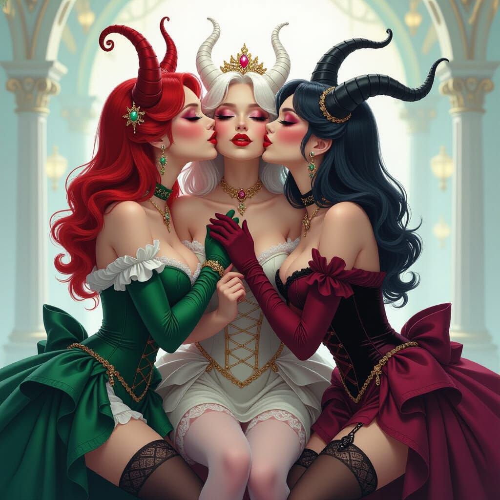 Demon Ladies Kissing in Dreamlike Ethereal Scene