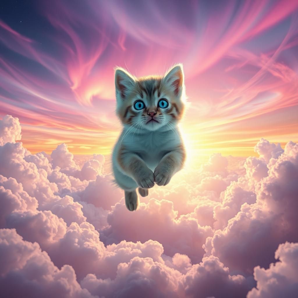 Floating Kitten in Aurora Borealis Dreamscape