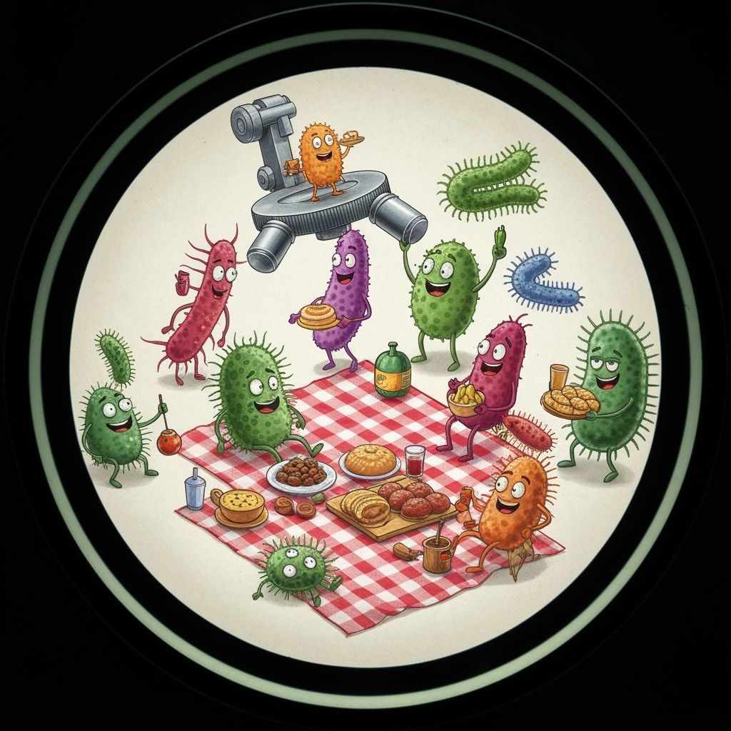 Microscopic Germs Enjoying a Whimsical Picnic